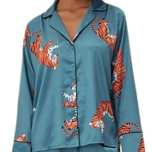 Teal Tiger Print Satin Pajama Set